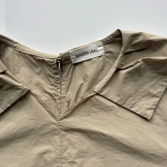 Masion Limo Beige Midi Dress Puff Sleeve Drawstring Waist Minimalist Chic - Picture 7 of 9